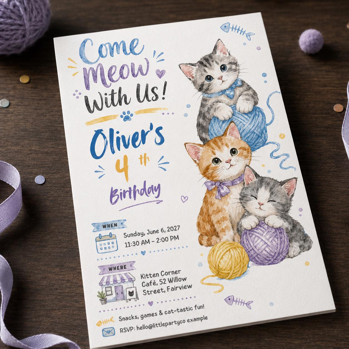 Watercolor Cat 4th Birthday Invitation — print-ready 4th birthday party design from VoltBy
