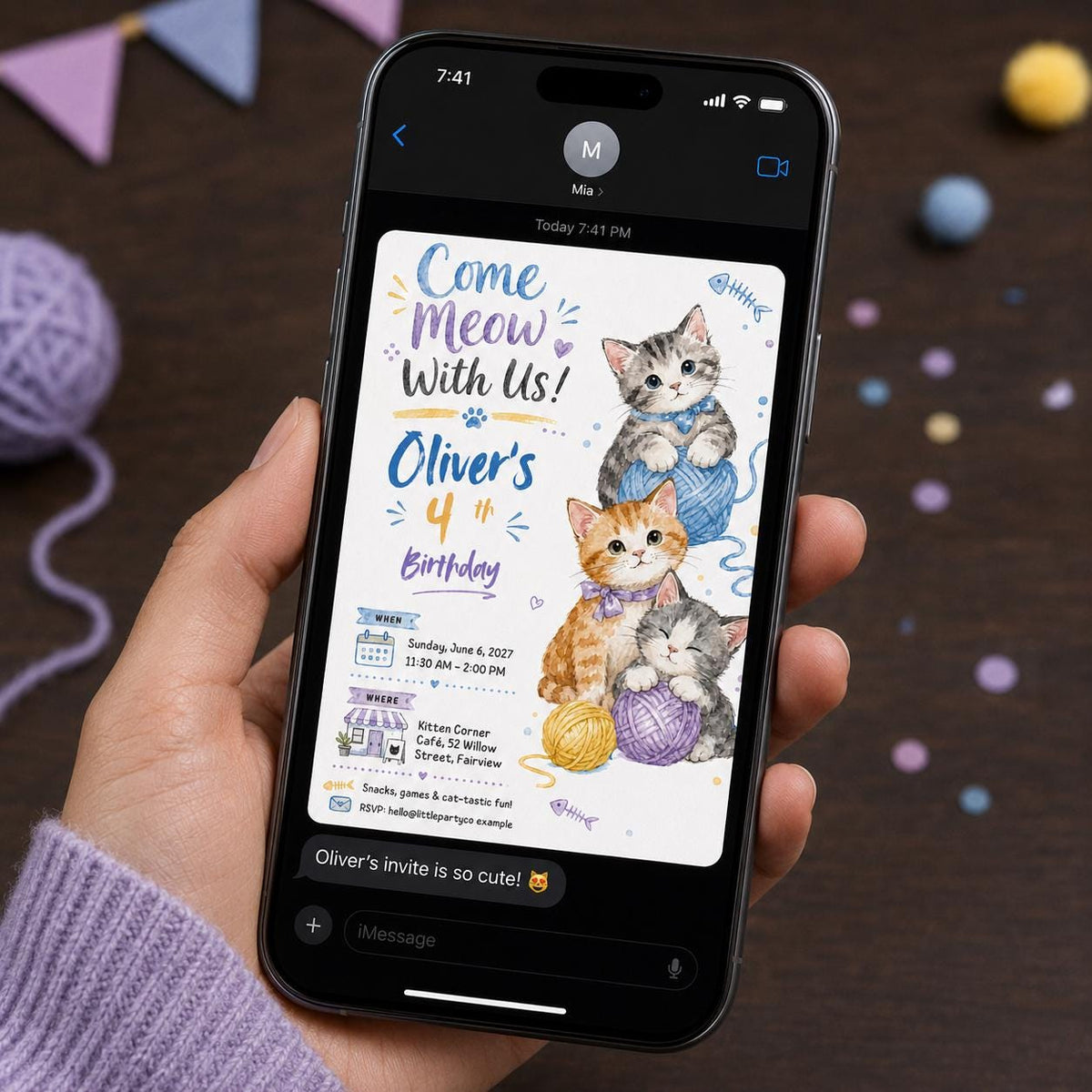 Watercolor Cat 4th Birthday Invitation — digital invitation, instant download