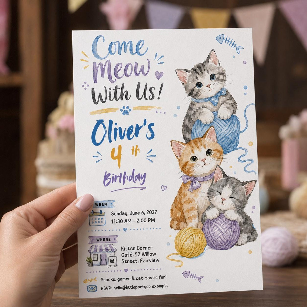 Watercolor Cat 4th Birthday Invitation — 4th birthday party stationery by VoltBy