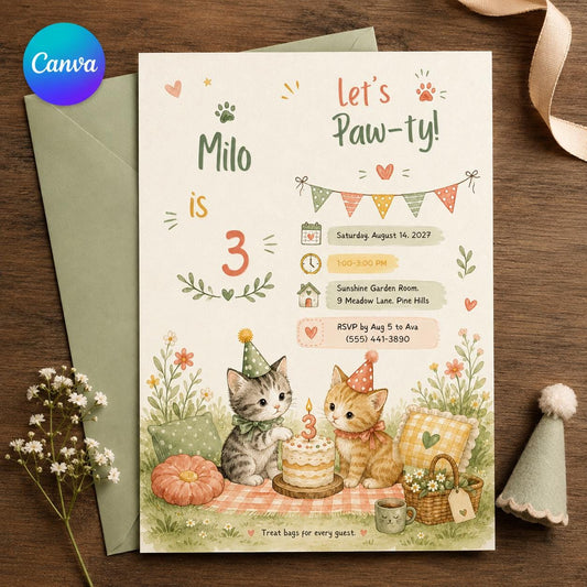 Watercolor Cat Birthday Invitation: Lets Pawty Watercolor Kitten Picnic Party — editable Canva template