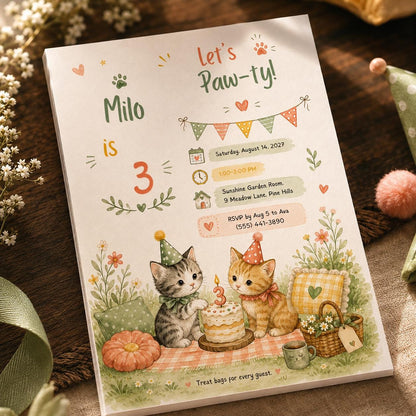 Watercolor Cat Birthday Invitation: Lets Pawty Watercolor Kitten Picnic Party — invitation you personalize in Canva