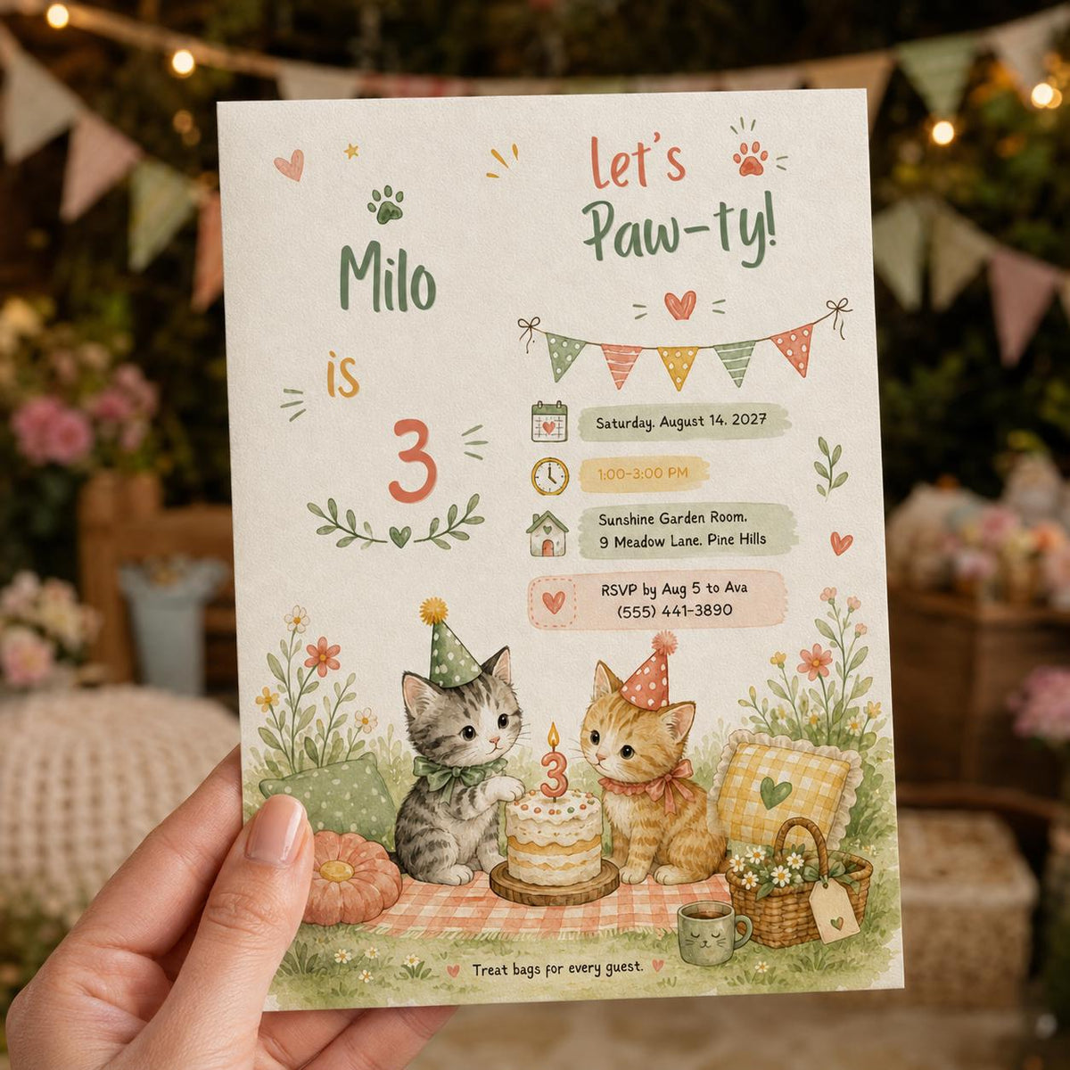 Watercolor Cat Birthday Invitation: Lets Pawty Watercolor Kitten Picnic Party — print-ready birthday party design from VoltBy