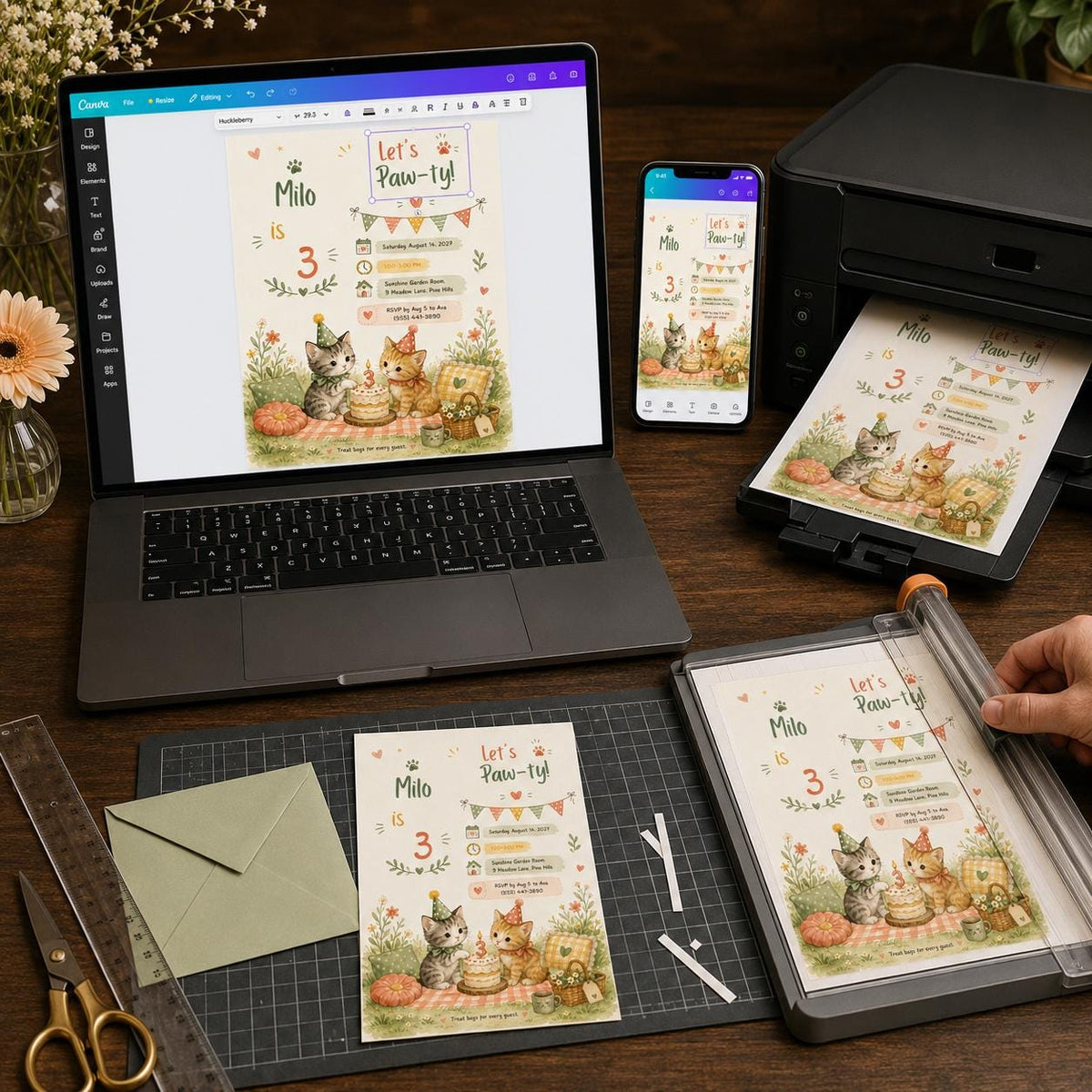 Watercolor Cat Birthday Invitation: Lets Pawty Watercolor Kitten Picnic Party — digital invitation, instant download