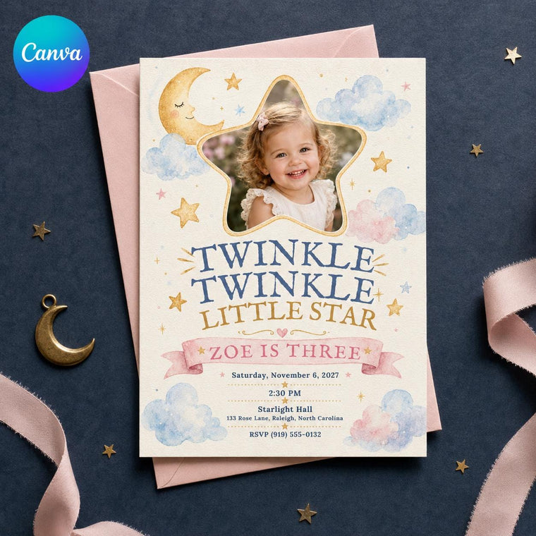 Watercolor Celestial Twinkle Little Star 3rd Birthday Invitation