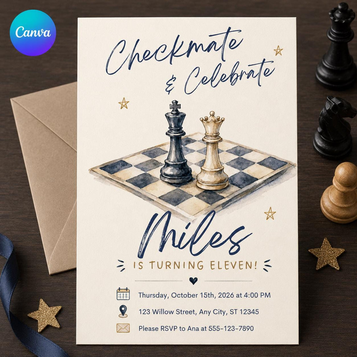 Watercolor Chess 11th Birthday Invitation — editable Canva template