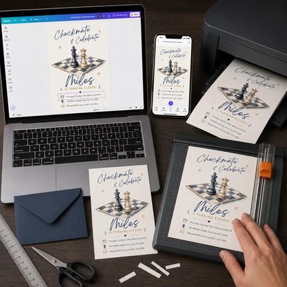 Watercolor Chess 11th Birthday Invitation — print-ready 11th birthday party design from VoltBy