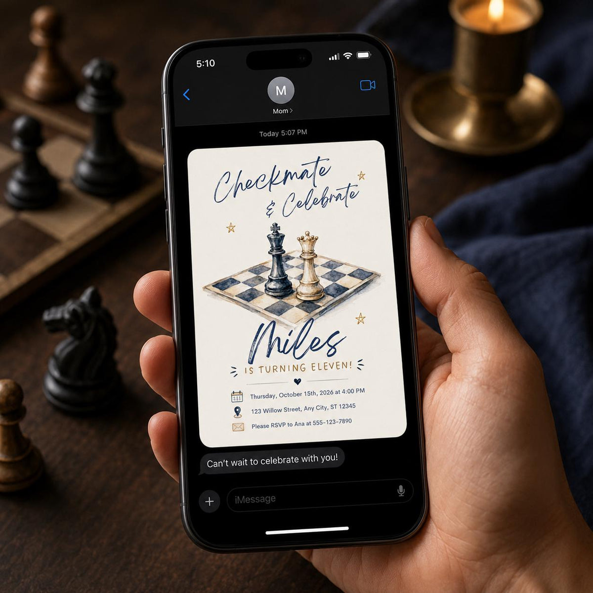 Watercolor Chess 11th Birthday Invitation — digital invitation, instant download