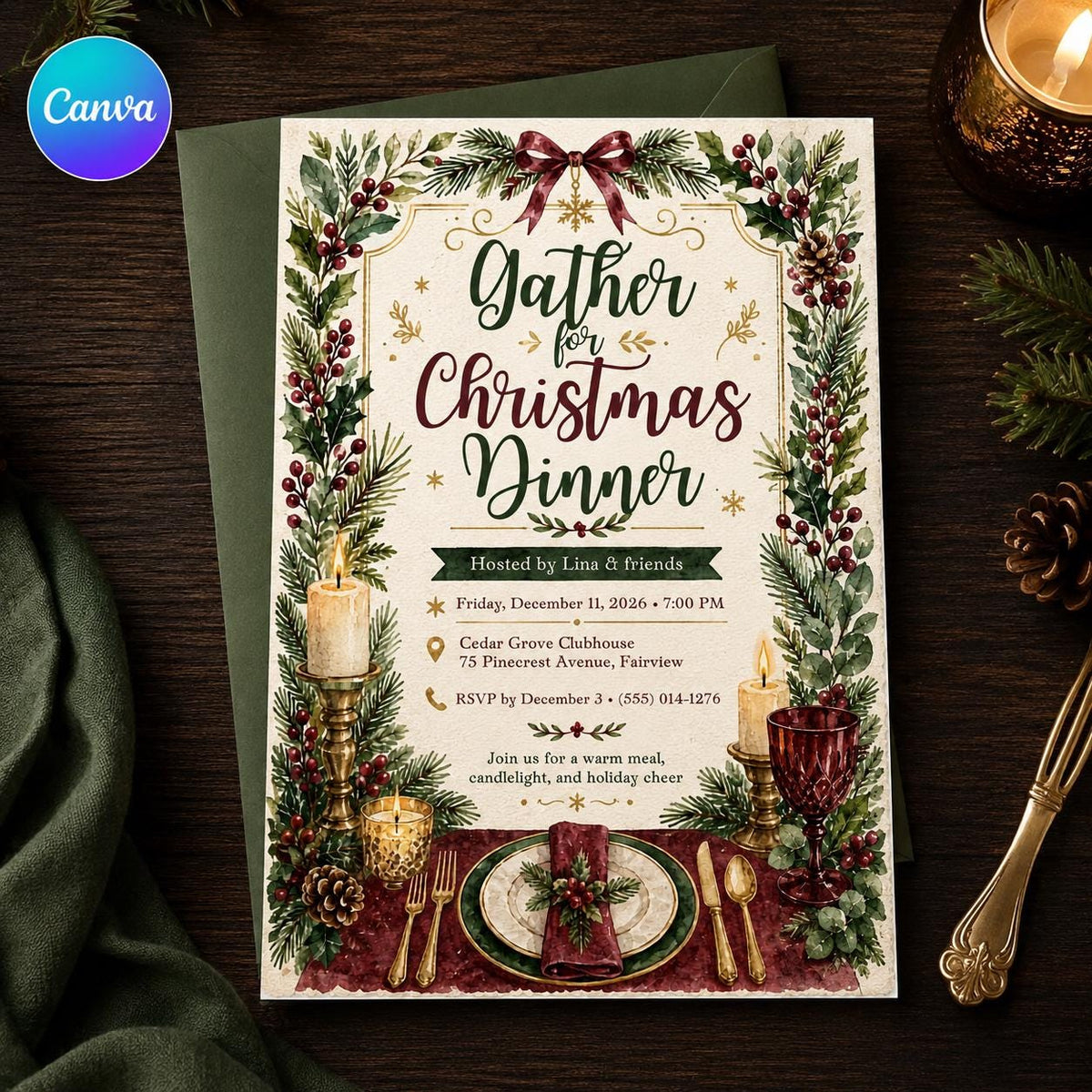 Watercolor Christmas Dinner Invitation — editable Canva template