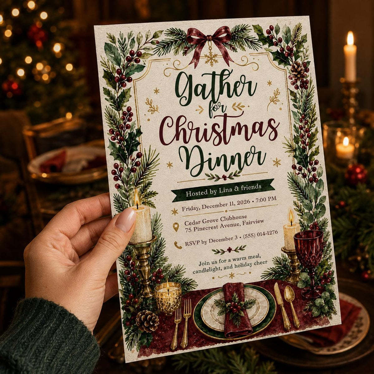 Watercolor Christmas Dinner Invitation — invitation you personalize in Canva