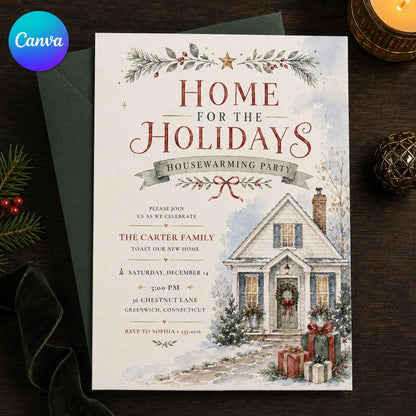 Watercolor Christmas Housewarming Invitation — editable Canva template