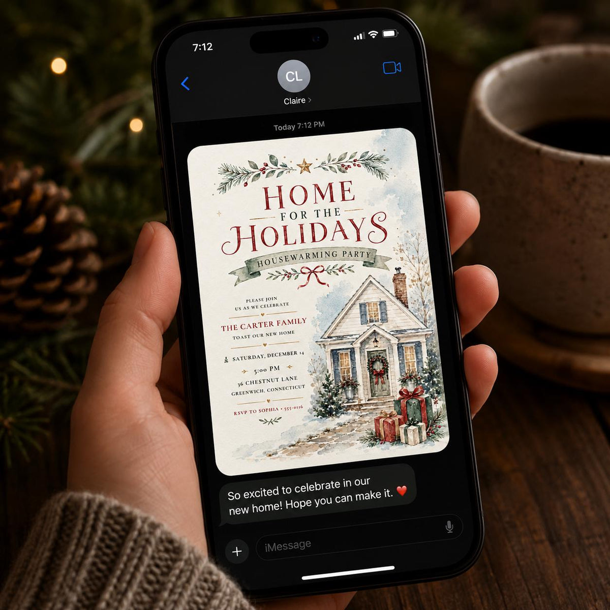 Watercolor Christmas Housewarming Invitation — invitation you personalize in Canva