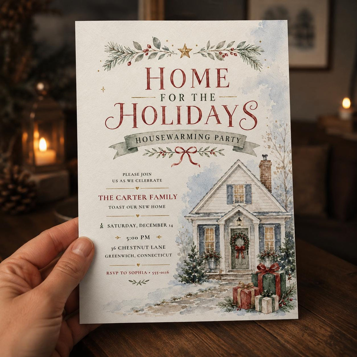Watercolor Christmas Housewarming Invitation — print-ready housewarming design from VoltBy