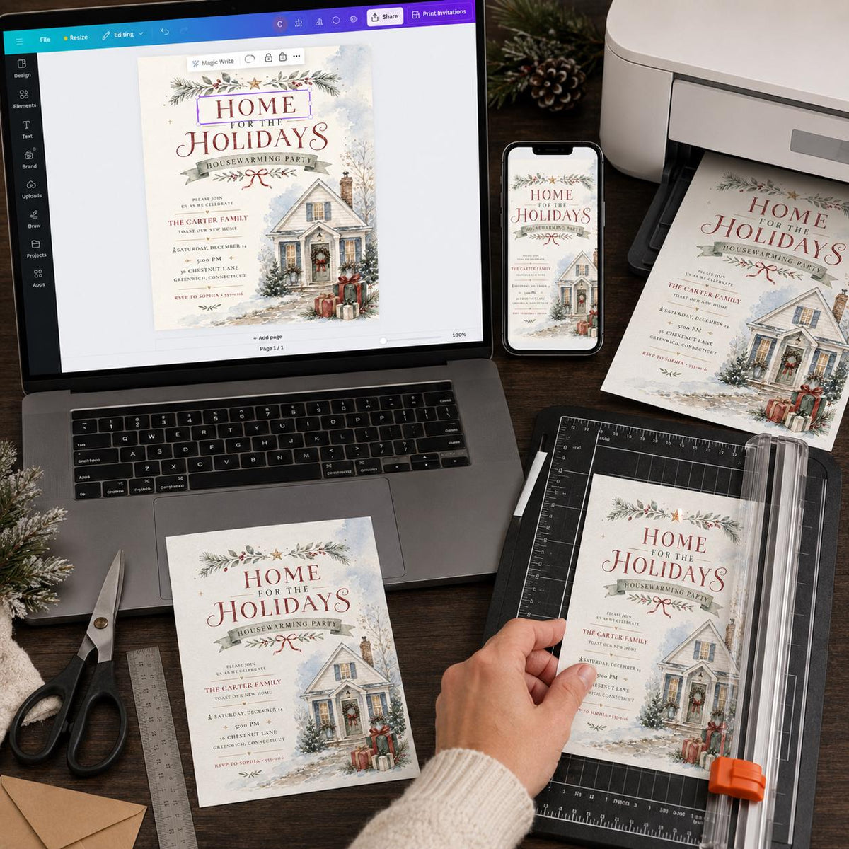 Watercolor Christmas Housewarming Invitation — digital invitation, instant download
