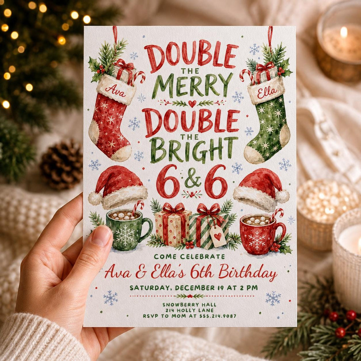 Watercolor Christmas Twin 6th Birthday Invitation — print-ready 6th birthday party design from VoltBy