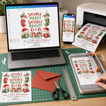 Watercolor Christmas Twin 6th Birthday Invitation — digital invitation, instant download