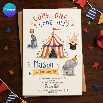 Watercolor Circus 5th Birthday Invitation — editable Canva template