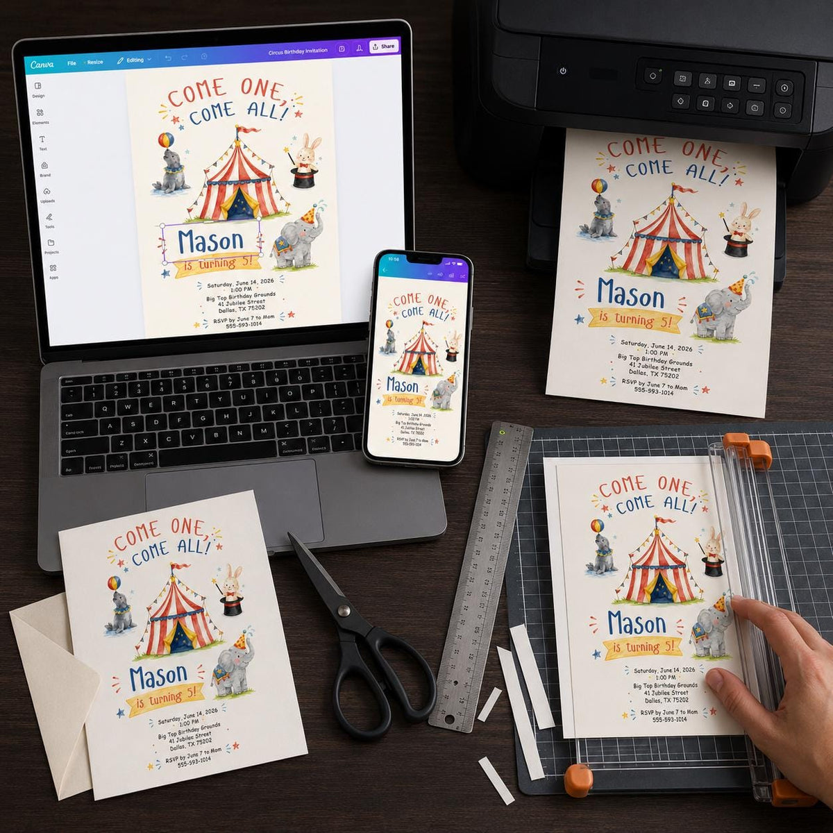 Watercolor Circus 5th Birthday Invitation — carnival design
