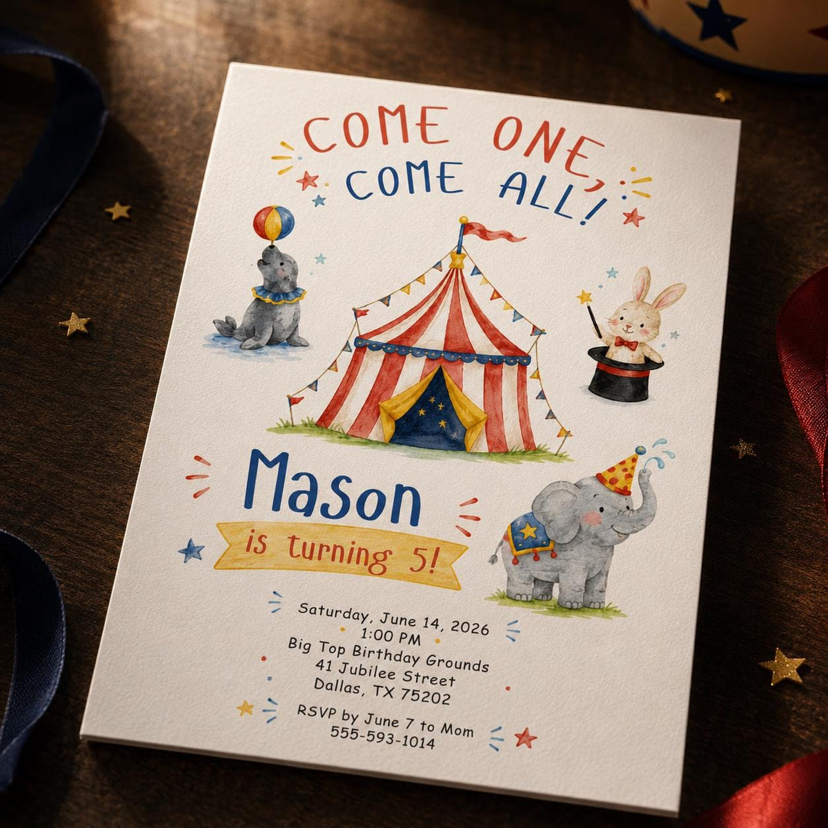 Watercolor Circus 5th Birthday Invitation — invitation you personalize in Canva