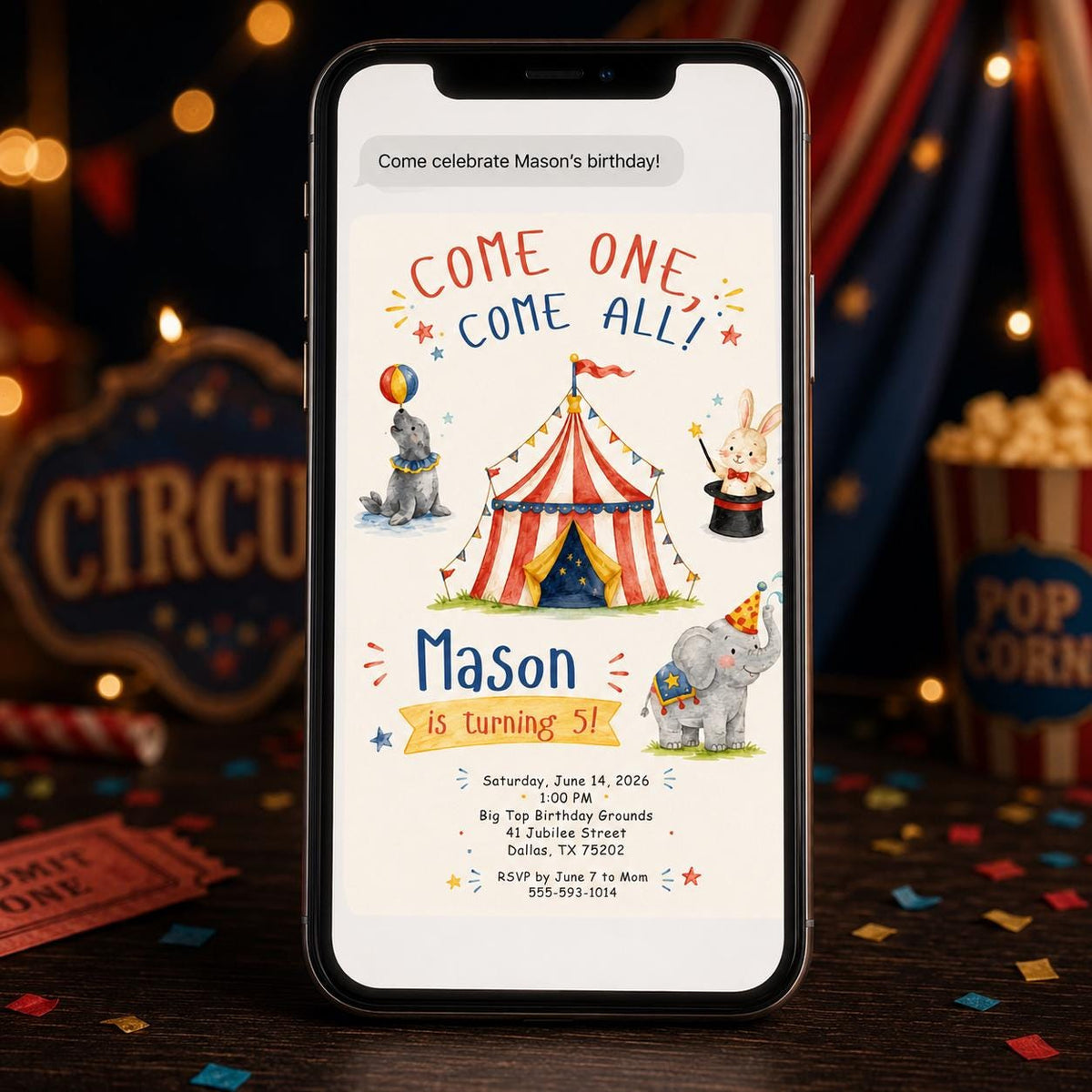 Watercolor Circus 5th Birthday Invitation — print-ready 5th birthday party design from VoltBy