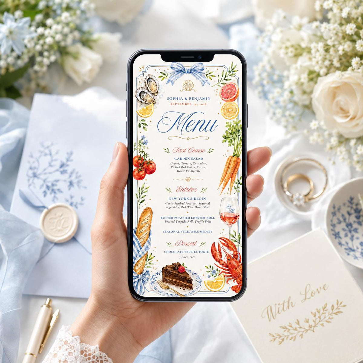 Watercolor Coastal Wedding Dinner Menu — design view 3