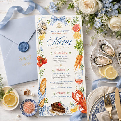 Watercolor Coastal Wedding Dinner Menu — design view 4