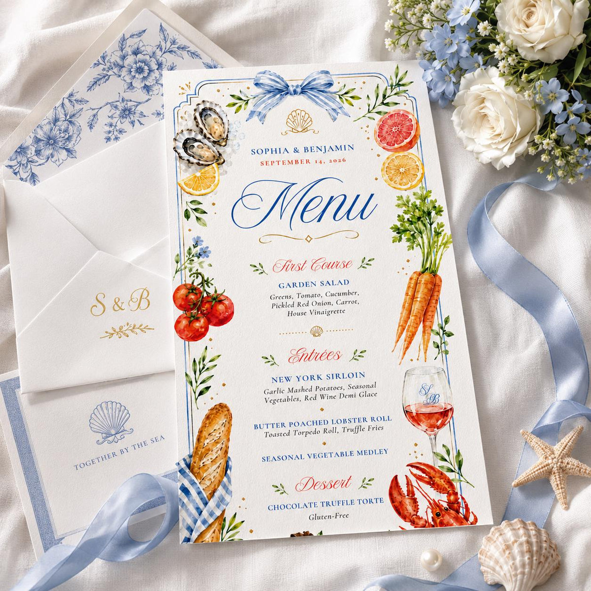 Watercolor Coastal Wedding Dinner Menu — design view 5