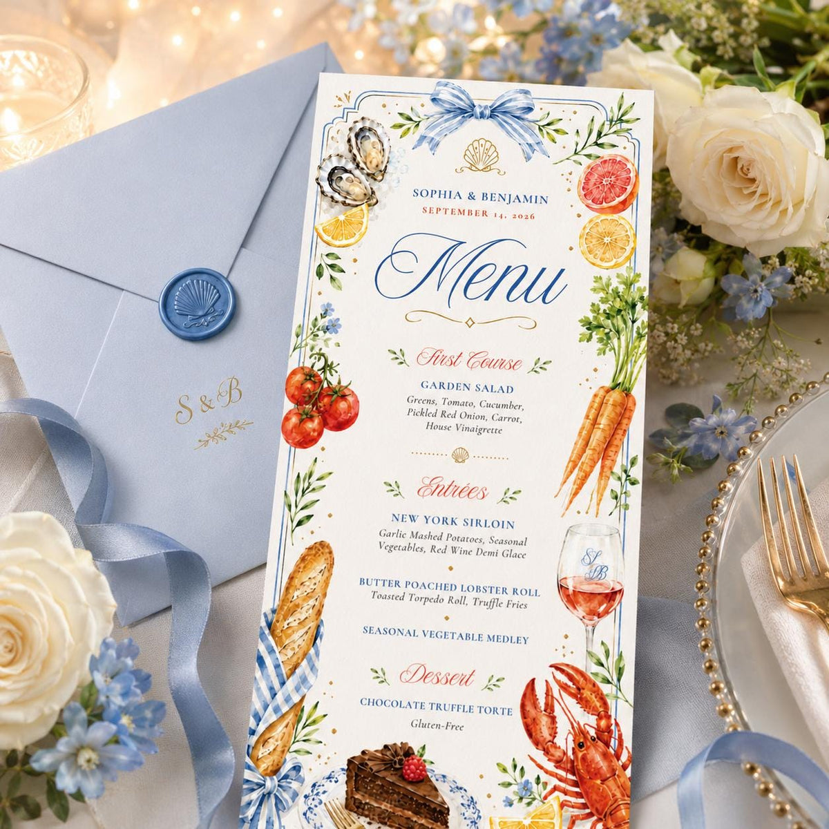 Watercolor Coastal Wedding Dinner Menu — design view 7