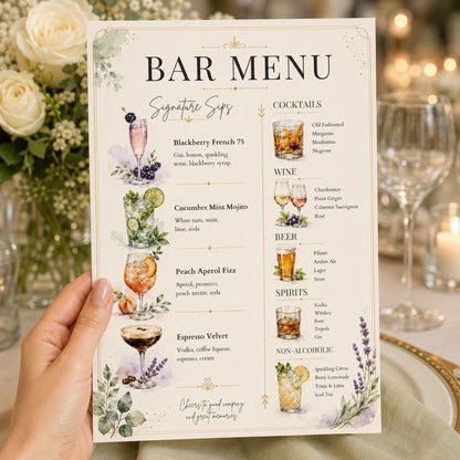 Watercolor Cocktail and Drinks Wedding Bar Menu in cream gold