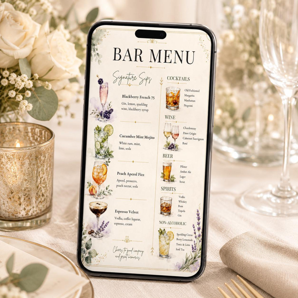 Watercolor Cocktail and Drinks Wedding Bar Menu — beer design