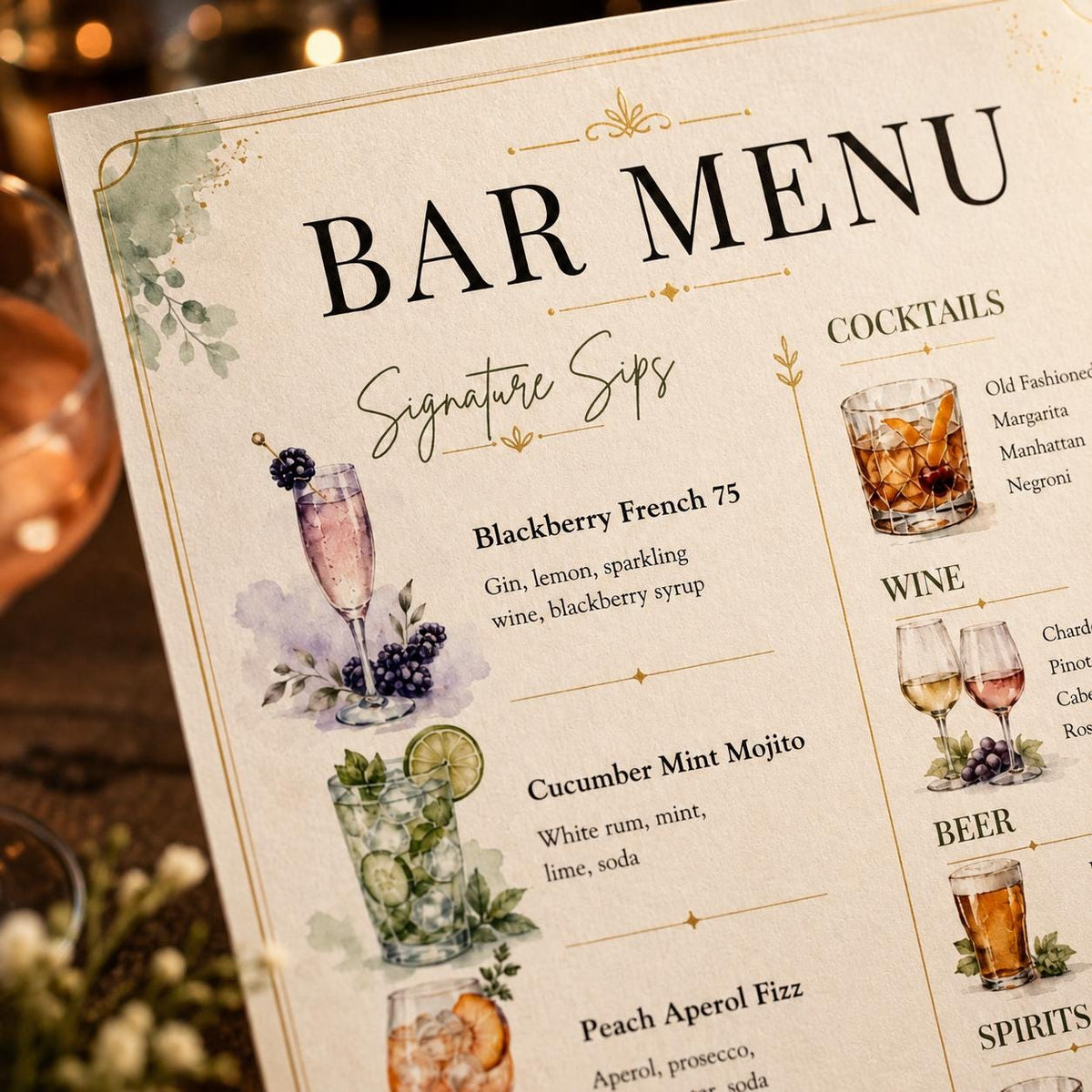 Watercolor Cocktail and Drinks Wedding Bar Menu — menu design you personalize in Canva