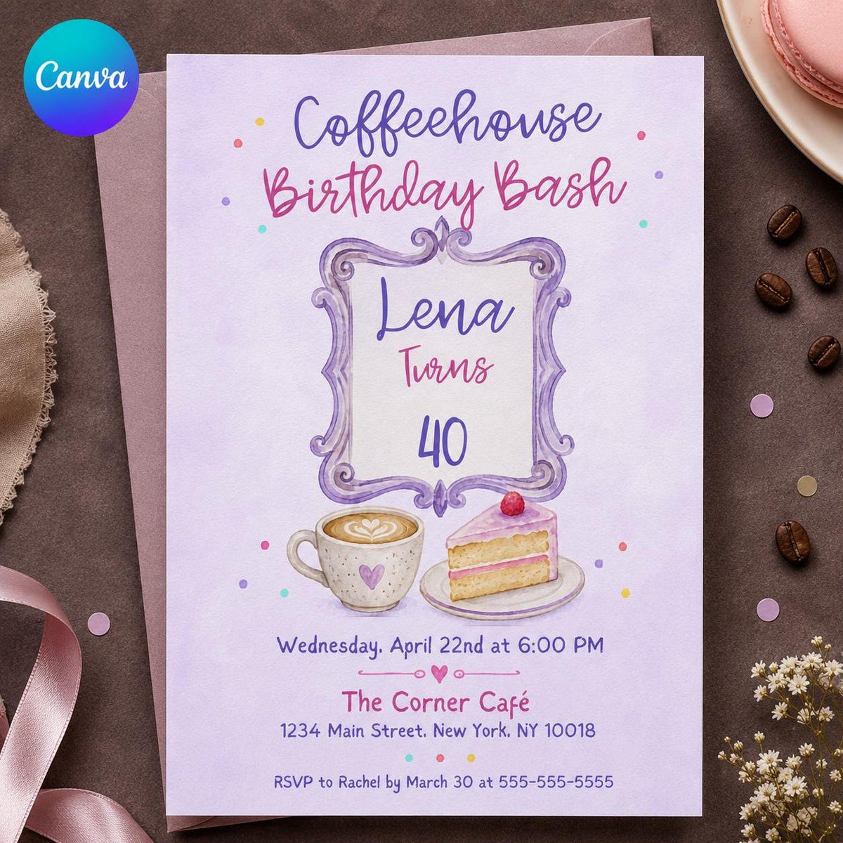 Watercolor Coffee 40th Birthday Invitation — editable Canva template