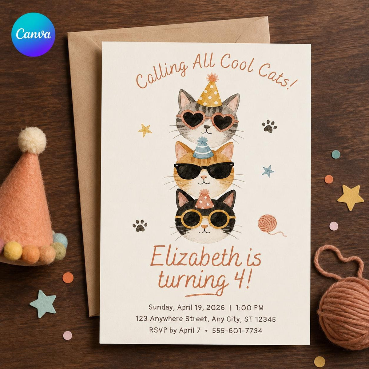 Watercolor Cool Cat 4th Birthday Invitation — editable Canva template