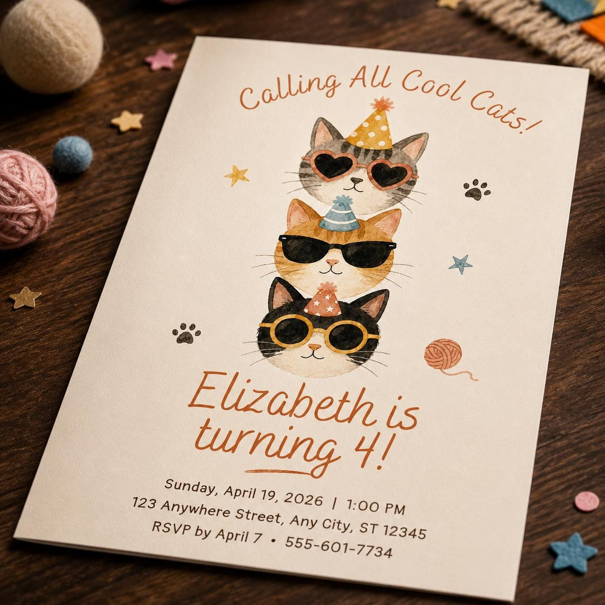 Watercolor Cool Cat 4th Birthday Invitation — invitation you personalize in Canva