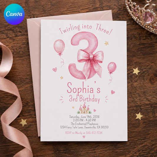 Watercolor Coquette Pink Bow 3rd Birthday Invitation for Girls — editable Canva template