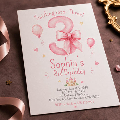 Watercolor Coquette Pink Bow 3rd Birthday Invitation for Girls — castle design