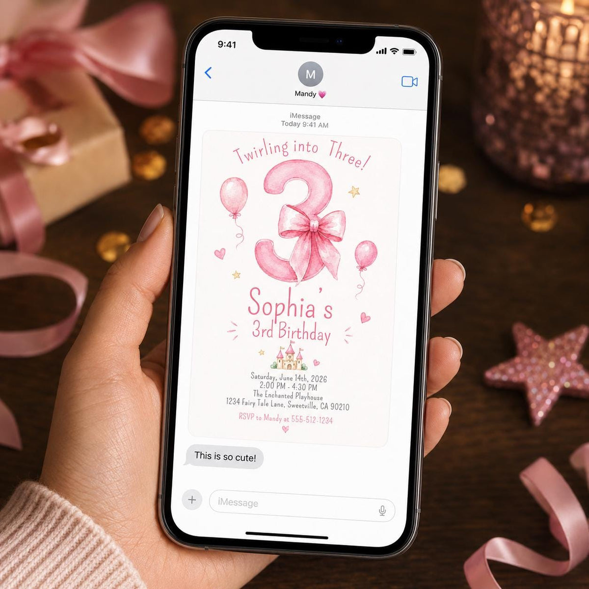 Watercolor Coquette Pink Bow 3rd Birthday Invitation for Girls — invitation you personalize in Canva