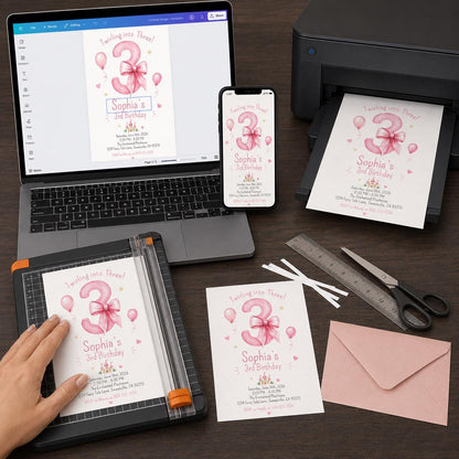 Watercolor Coquette Pink Bow 3rd Birthday Invitation for Girls — digital invitation, instant download