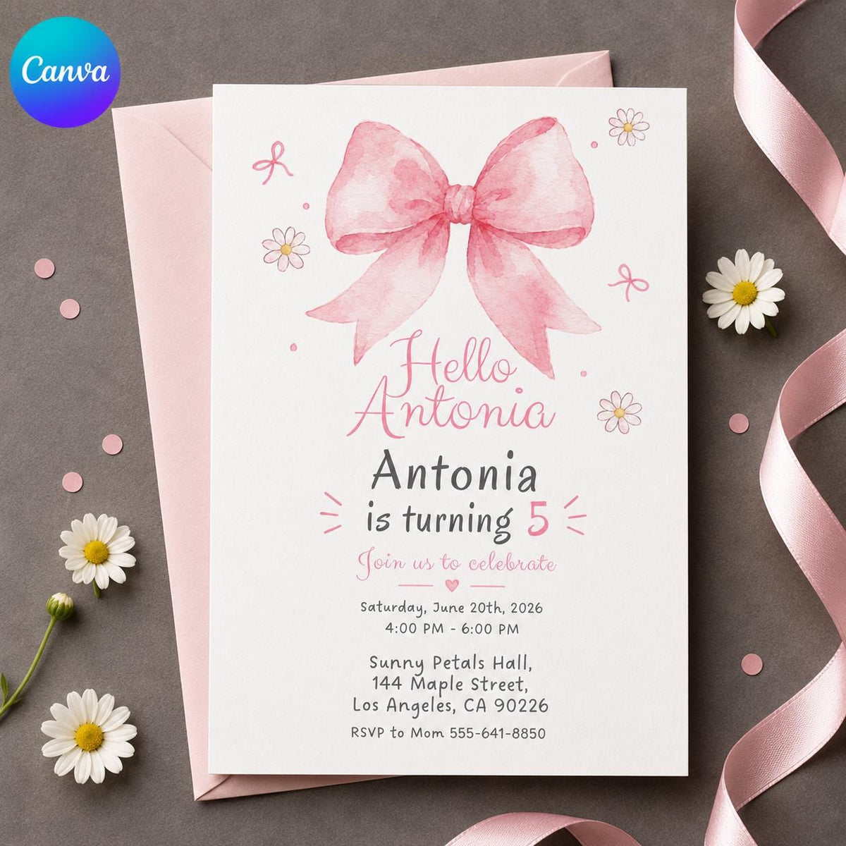 Watercolor Coquette Pink Bow 5th Birthday Invitation for Girls — editable Canva template