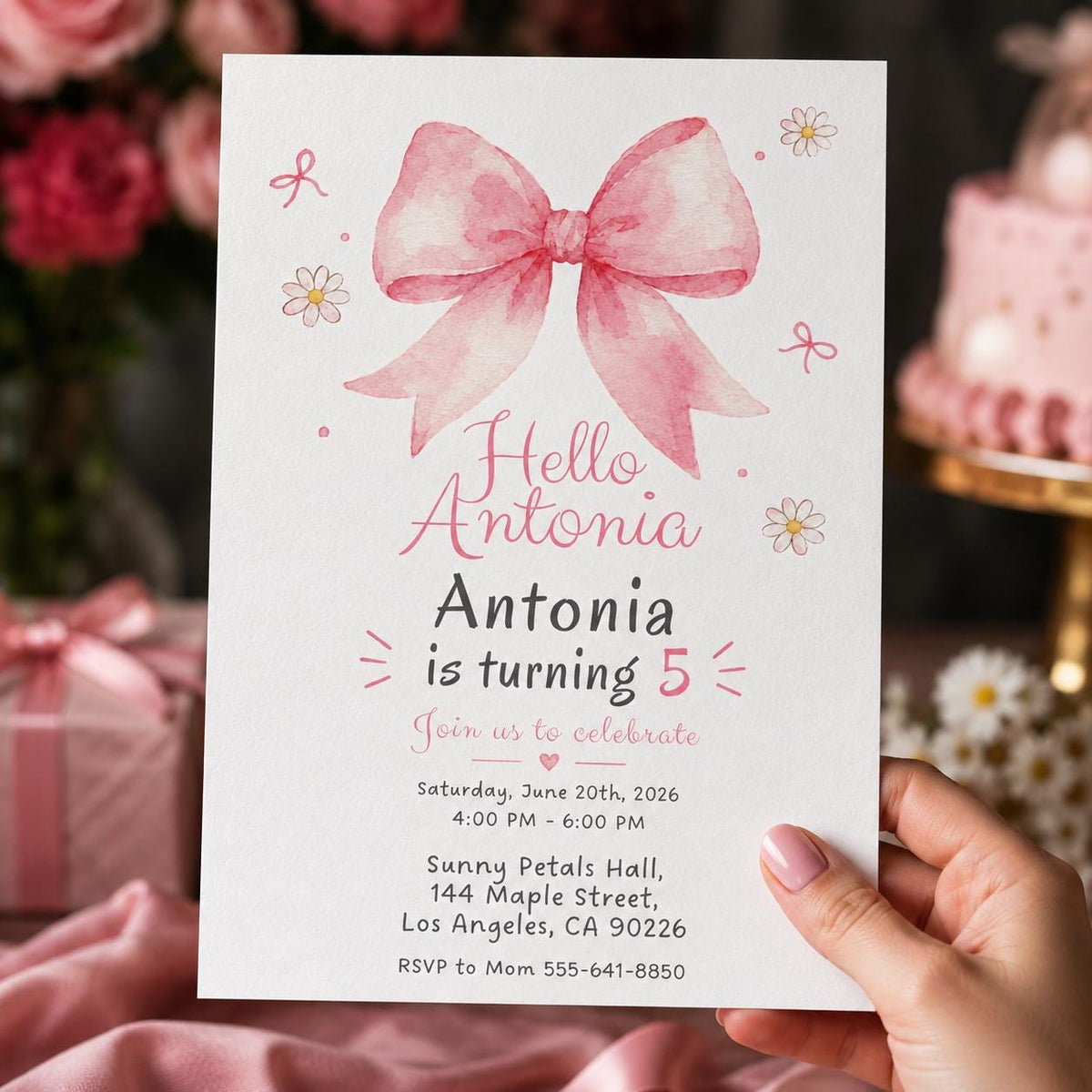 Watercolor Coquette Pink Bow 5th Birthday Invitation for Girls — daisy design