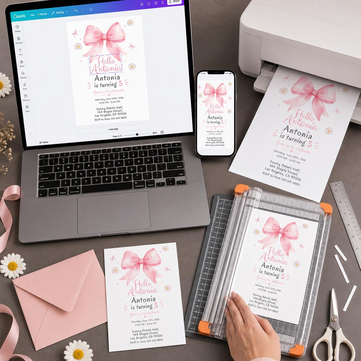 Watercolor Coquette Pink Bow 5th Birthday Invitation for Girls — invitation you personalize in Canva