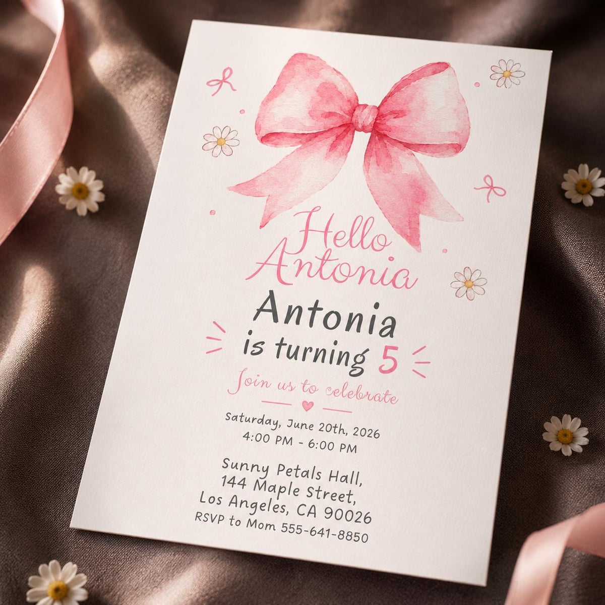 Watercolor Coquette Pink Bow 5th Birthday Invitation for Girls — print-ready 5th birthday party design from VoltBy