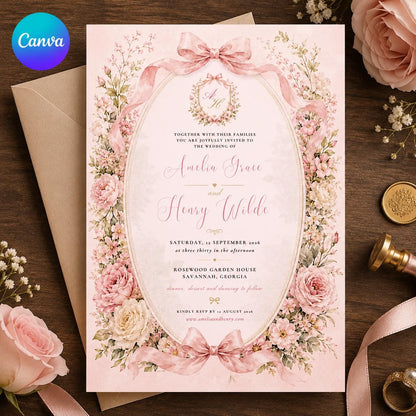 Watercolor Coquette Pink Bow Wedding Invitation — editable Canva template