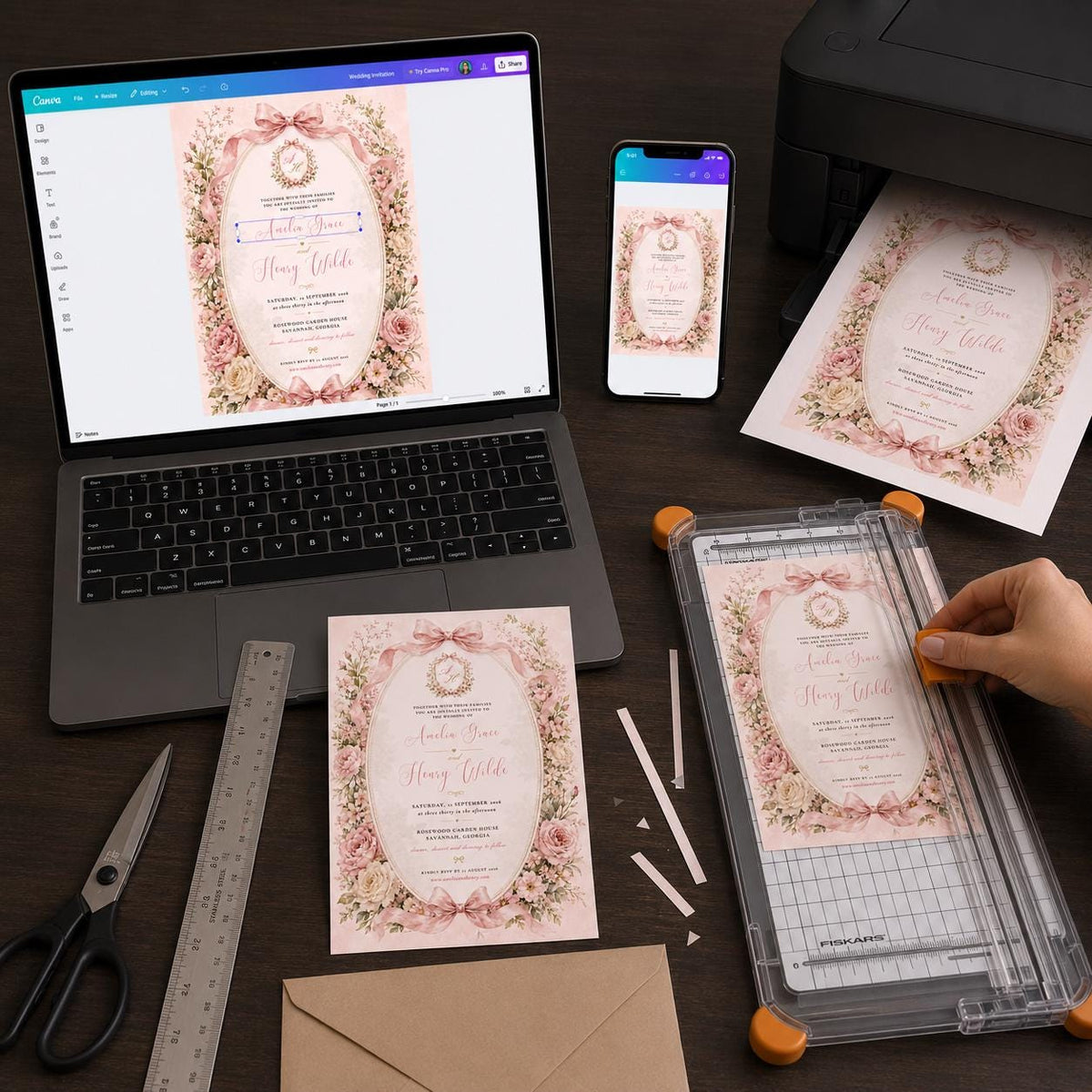 Watercolor Coquette Pink Bow Wedding Invitation — invitation you personalize in Canva