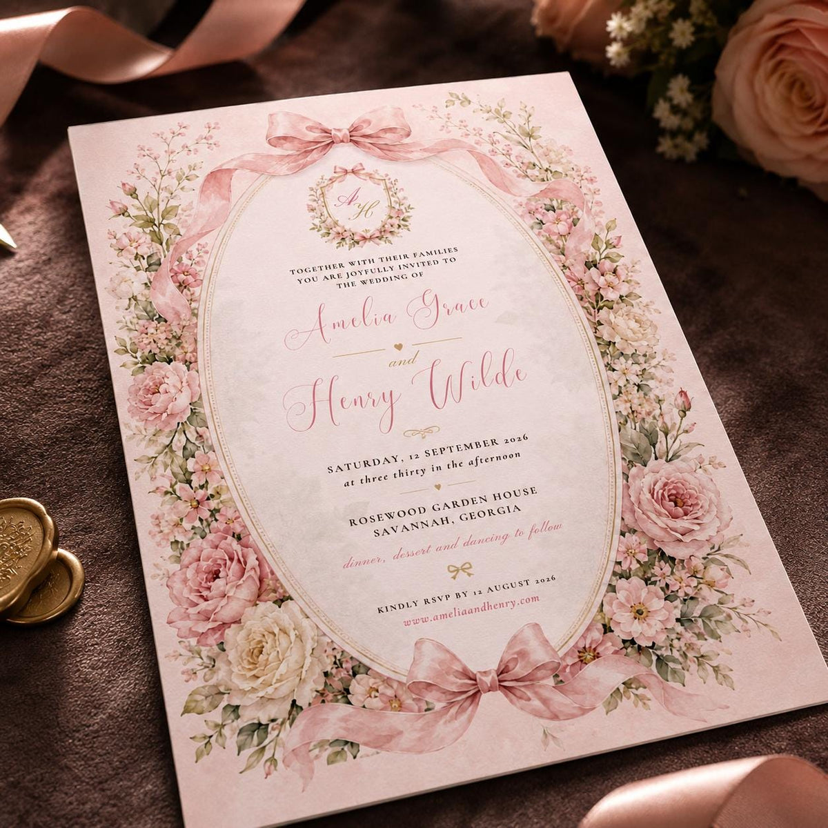 Watercolor Coquette Pink Bow Wedding Invitation — print-ready wedding design from VoltBy