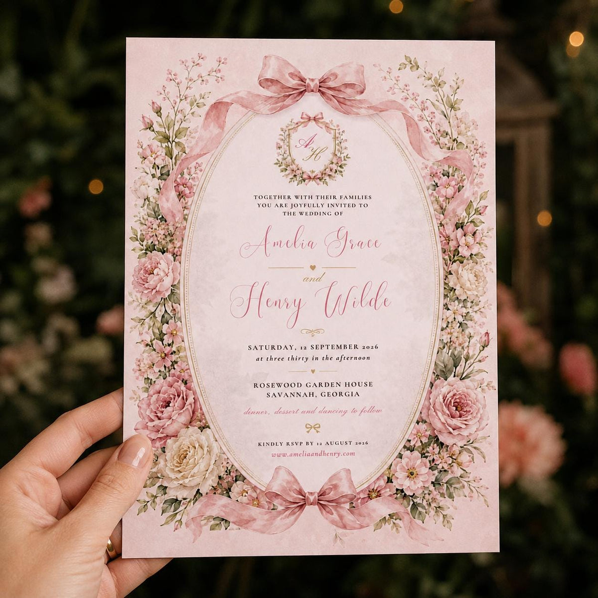 Watercolor Coquette Pink Bow Wedding Invitation — digital invitation, instant download