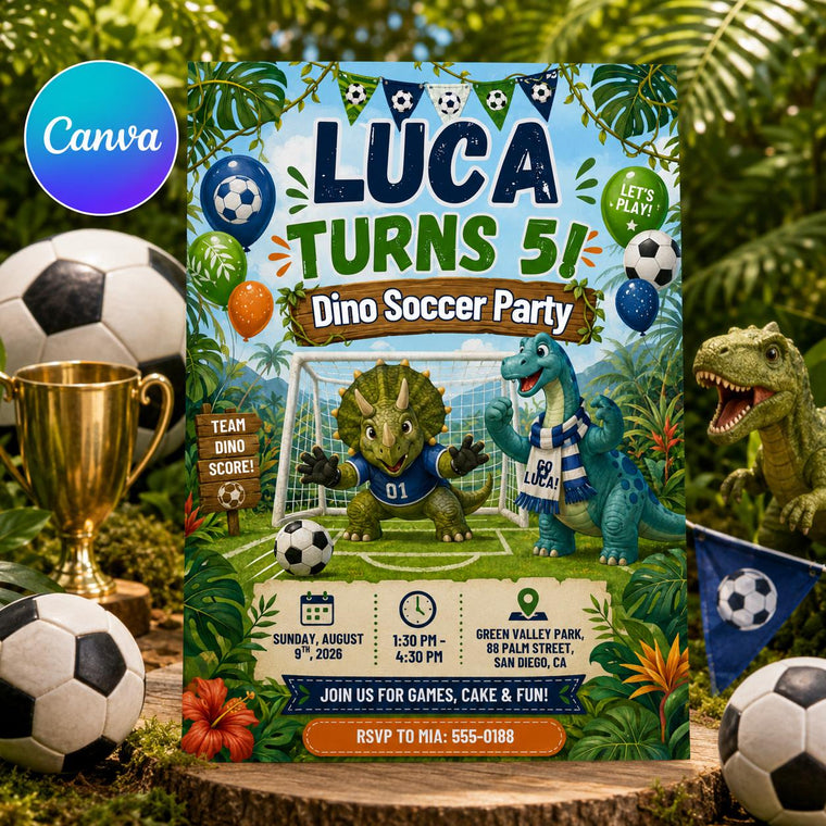Watercolor Dino Soccer Party 5th Birthday Invitation for Boys