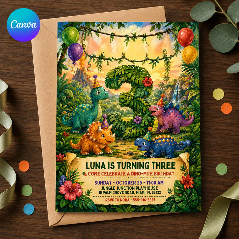 Watercolor Dinosaur 3rd Birthday Invitation