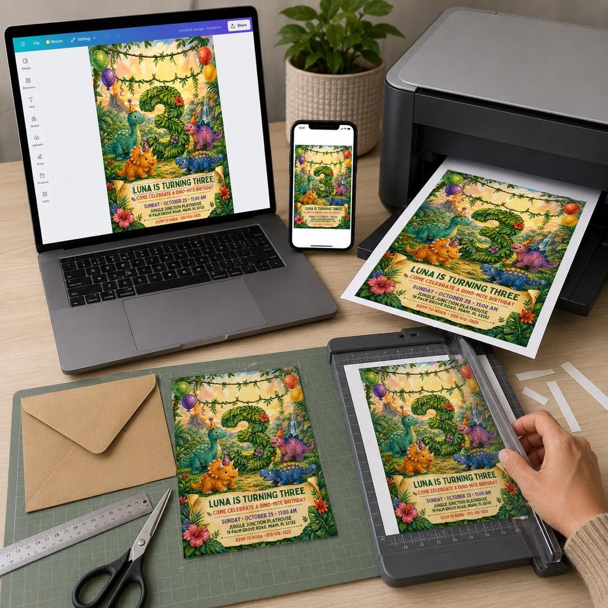 Watercolor Dinosaur 3rd Birthday Invitation — invitation you personalize in Canva