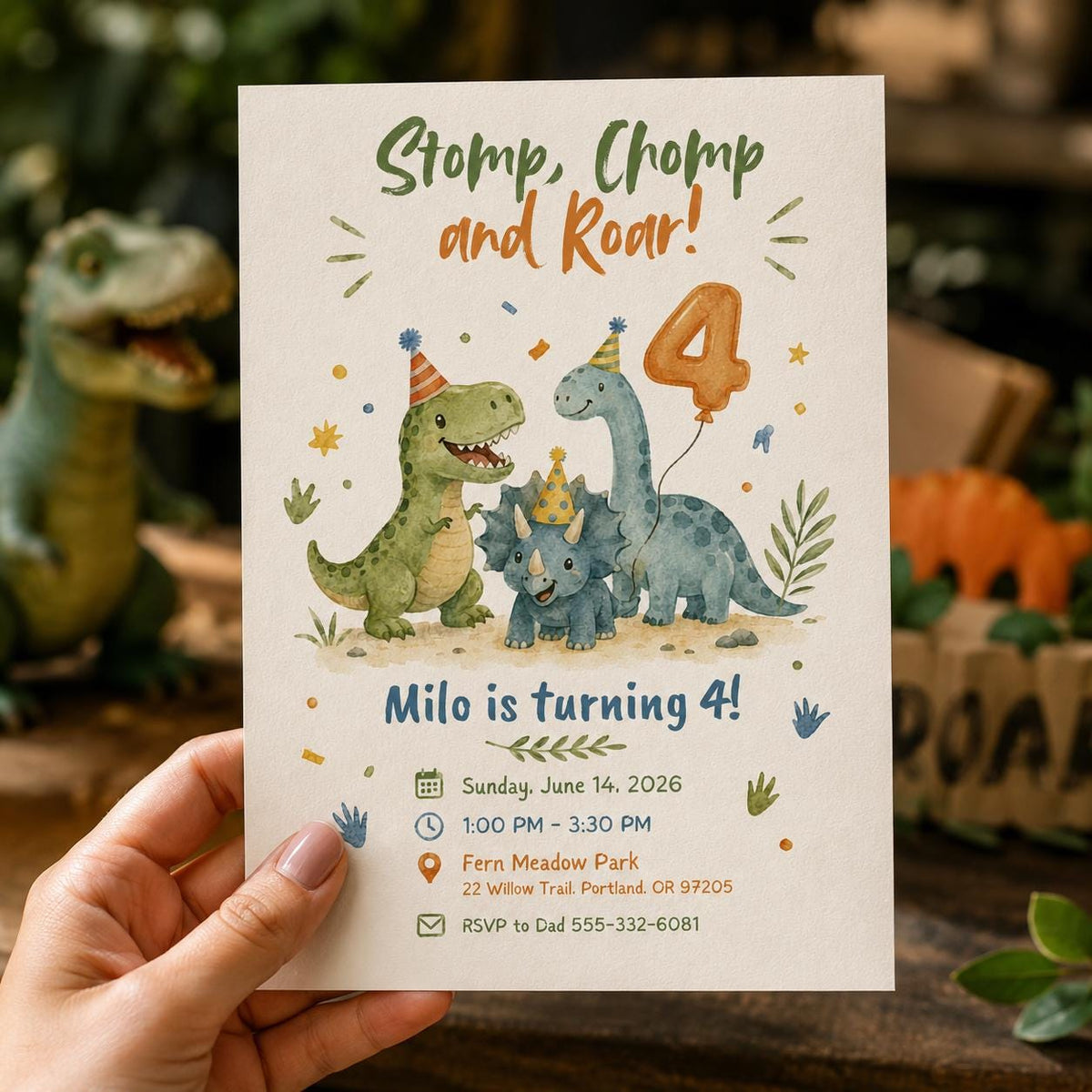 Watercolor Dinosaur 4th Birthday Invitation: Stomp Chomp Roar Dino Party — print-ready 4th birthday party design from VoltBy