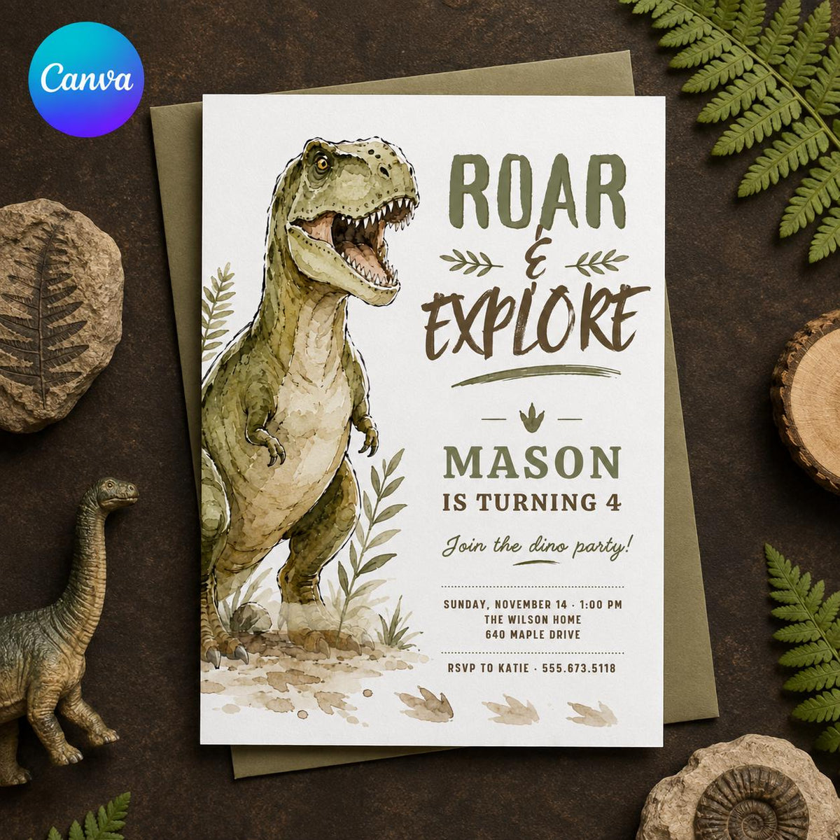 Watercolor Dinosaur 4th Birthday Invitation: T Rex Roar Explore Party — editable Canva template